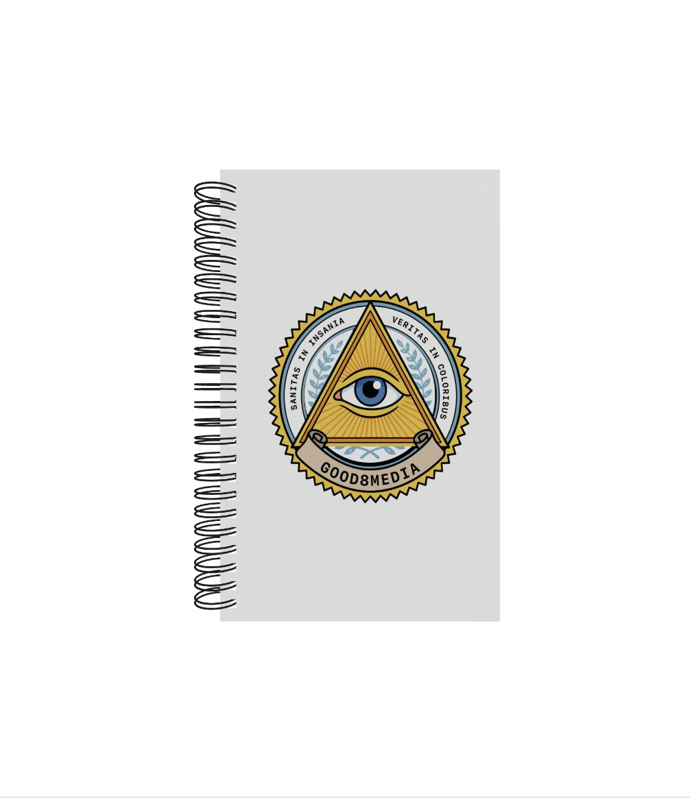 Spiral-bound Goodnight Media calendar with the all-seeing-eye crest