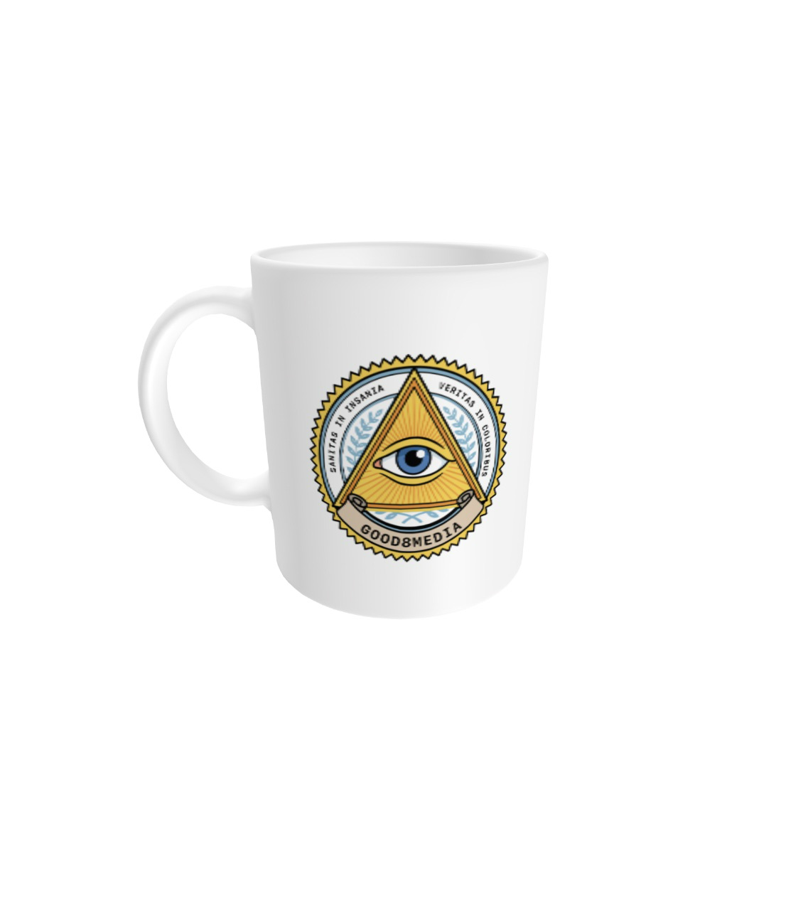 Ceramic mug printed with the all-seeing-eye crest