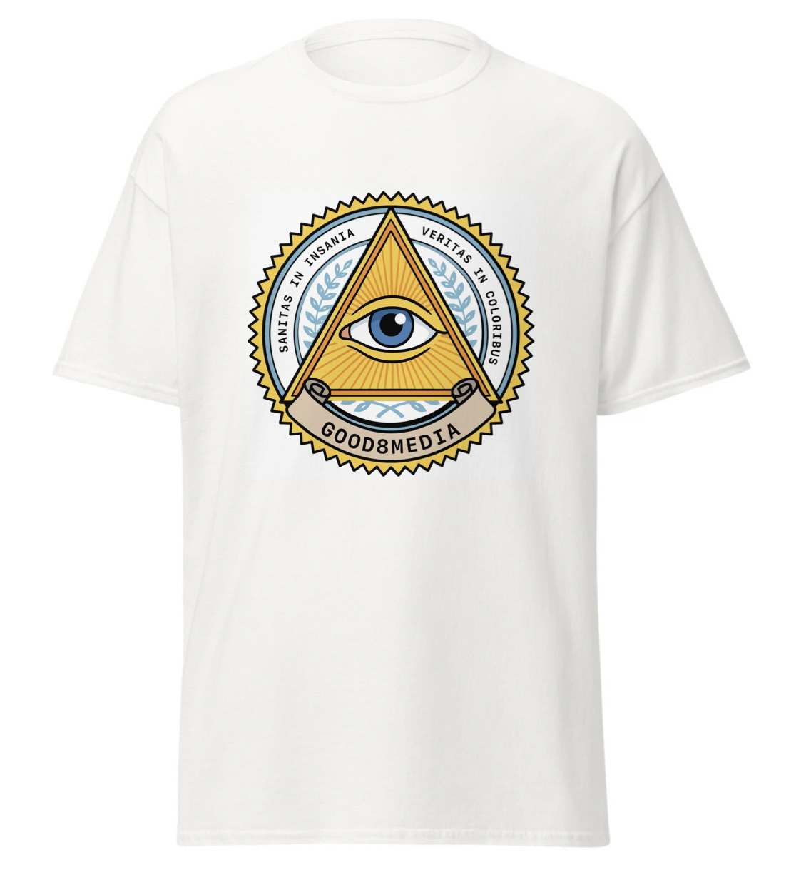 White heavyweight t-shirt with the all-seeing-eye crest across the chest